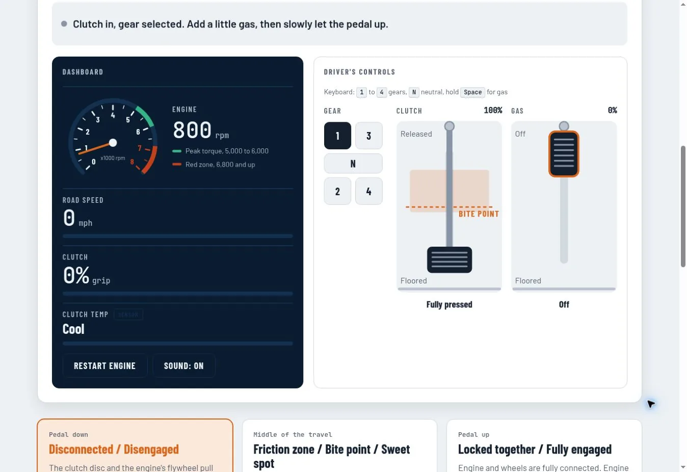 Clutch Lab simulator with engine speed, engagement and pedal controls.